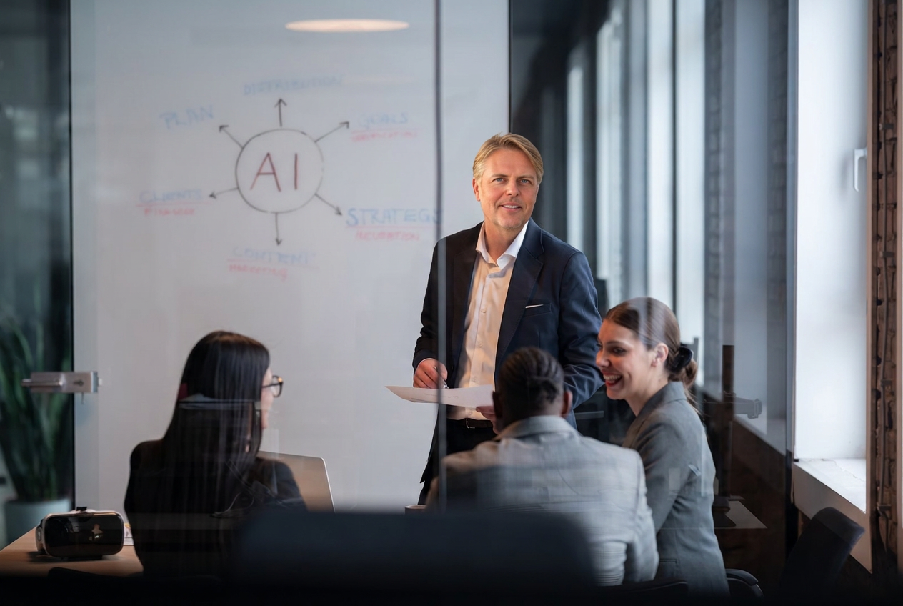 Jan Sundberg presenterar en AI-strategi för ett team i ett mötesrum.